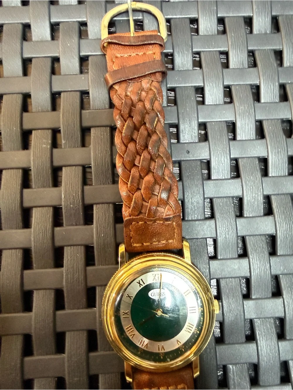 Vintage 1994 Guess Gold Tone Green Dial Braided Leather Watch Untested